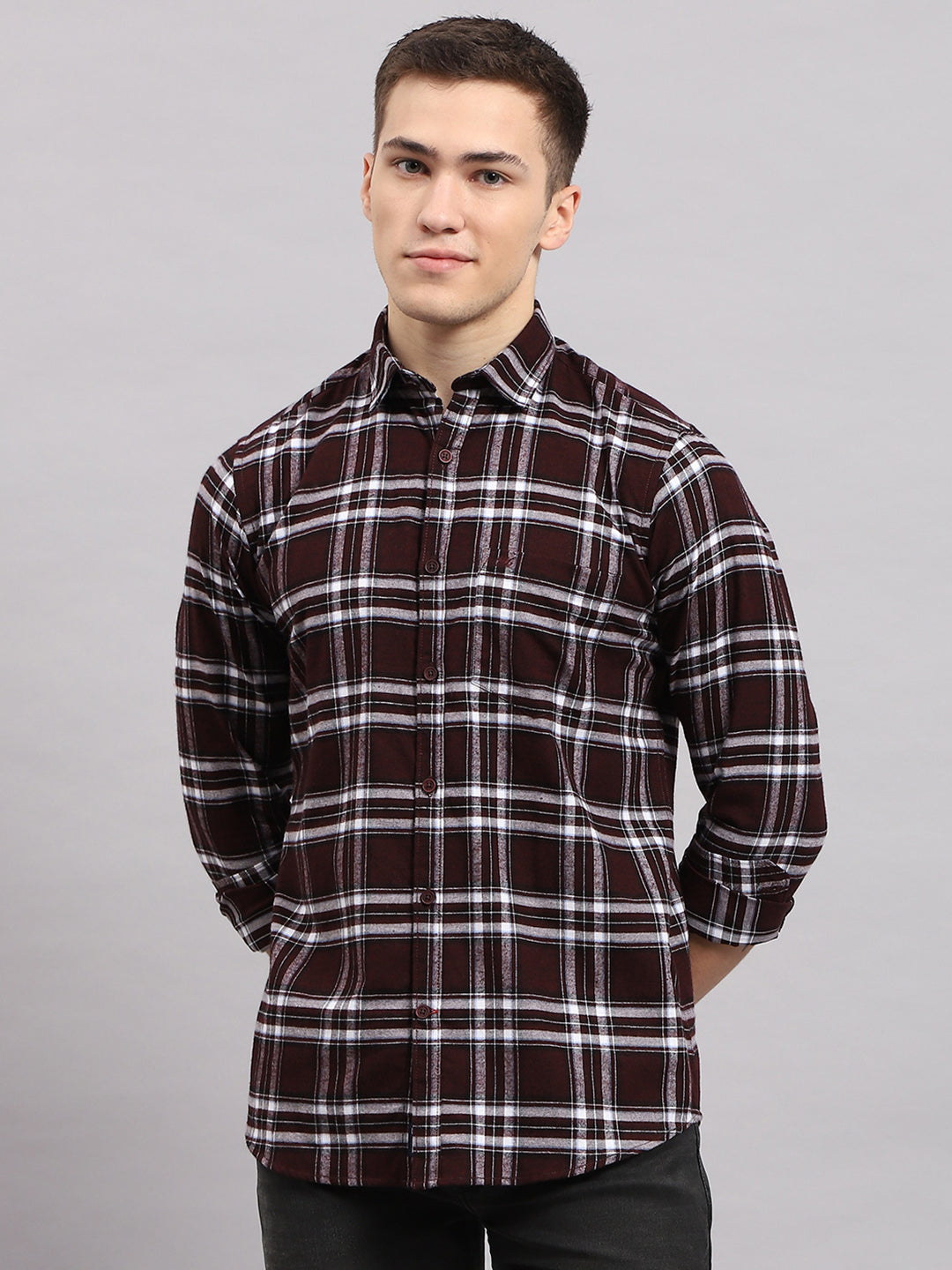 Men Maroon Check Collar Full Sleeve Shirt