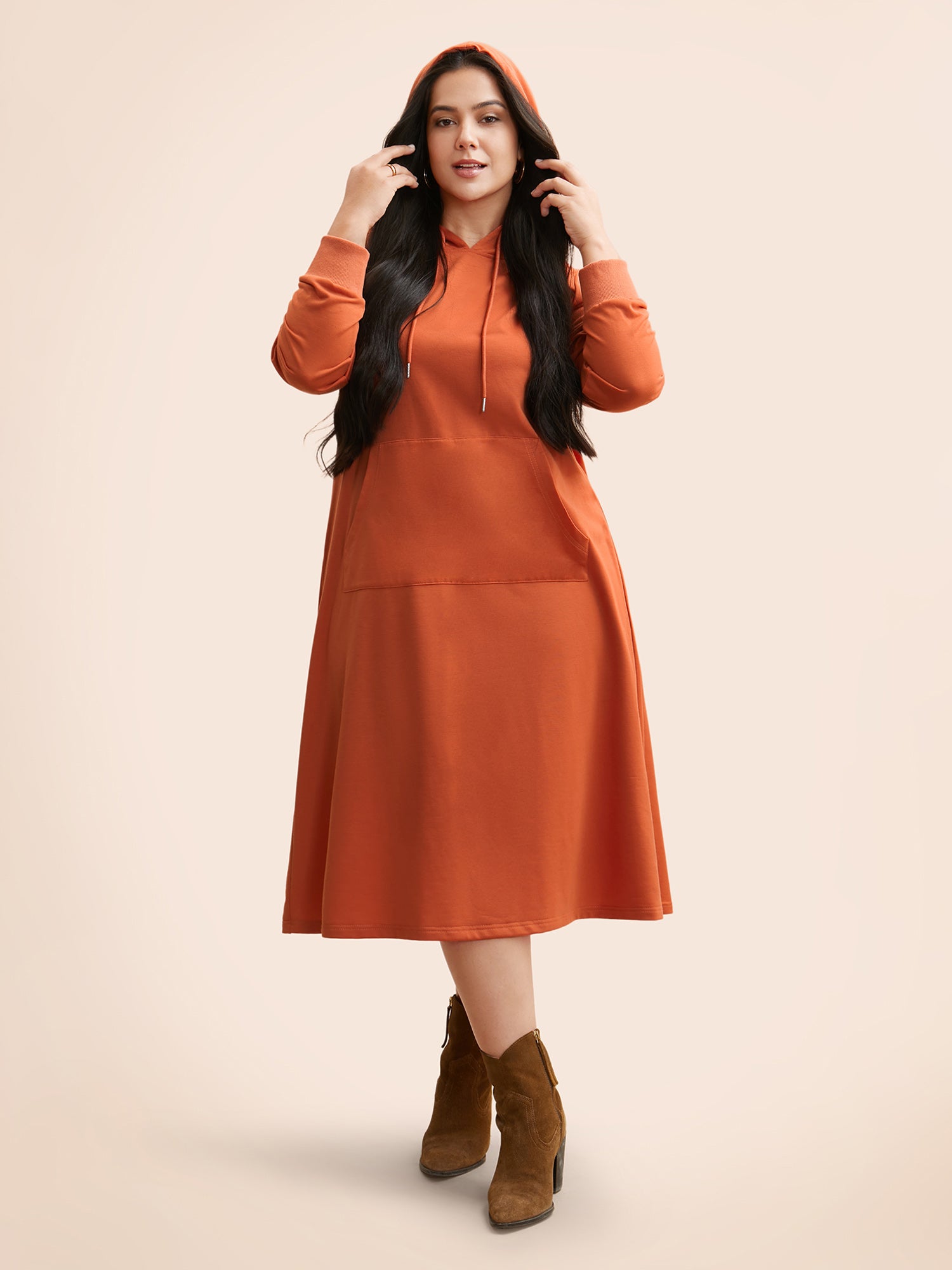 Plain Hooded Drawstring Kangaroo Pocket Dress