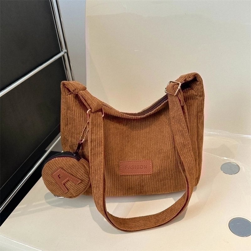 Women's Corduroy Solid Color Classic Style Square Zipper Shoulder Bag
