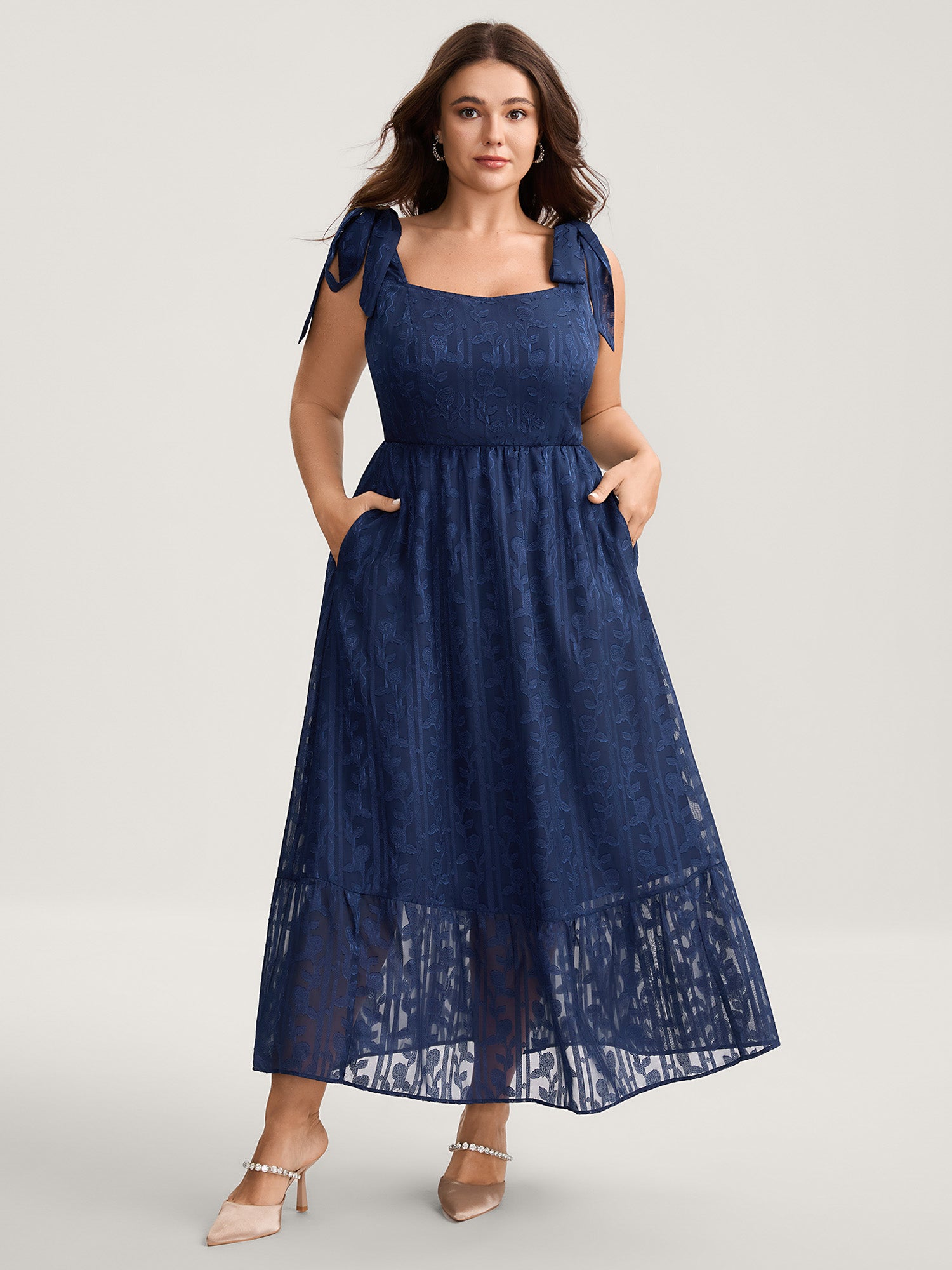 Textured Shoulder Tie Cami Midi Dress