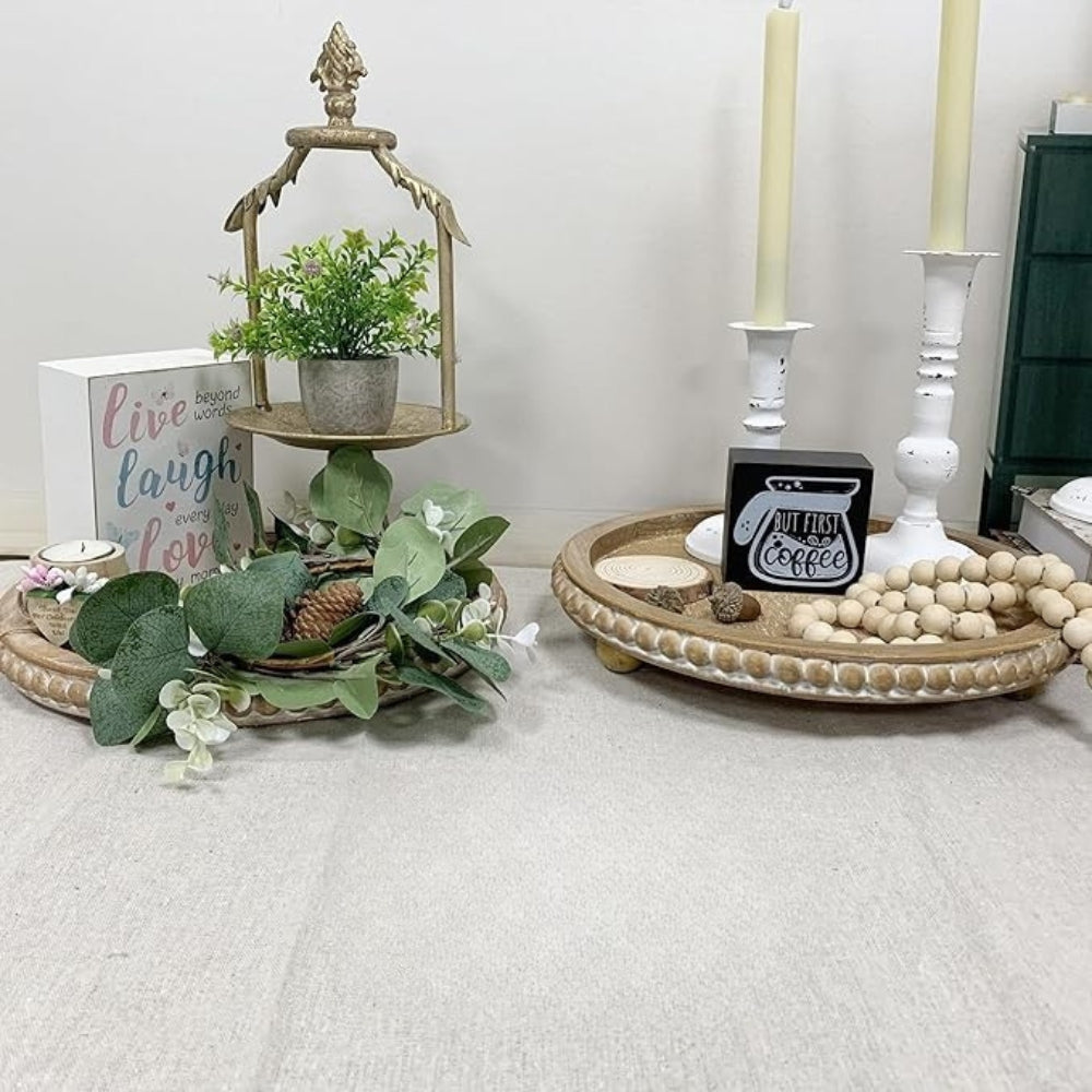 Versatile Round Wooden Beaded Edges Serving Tray