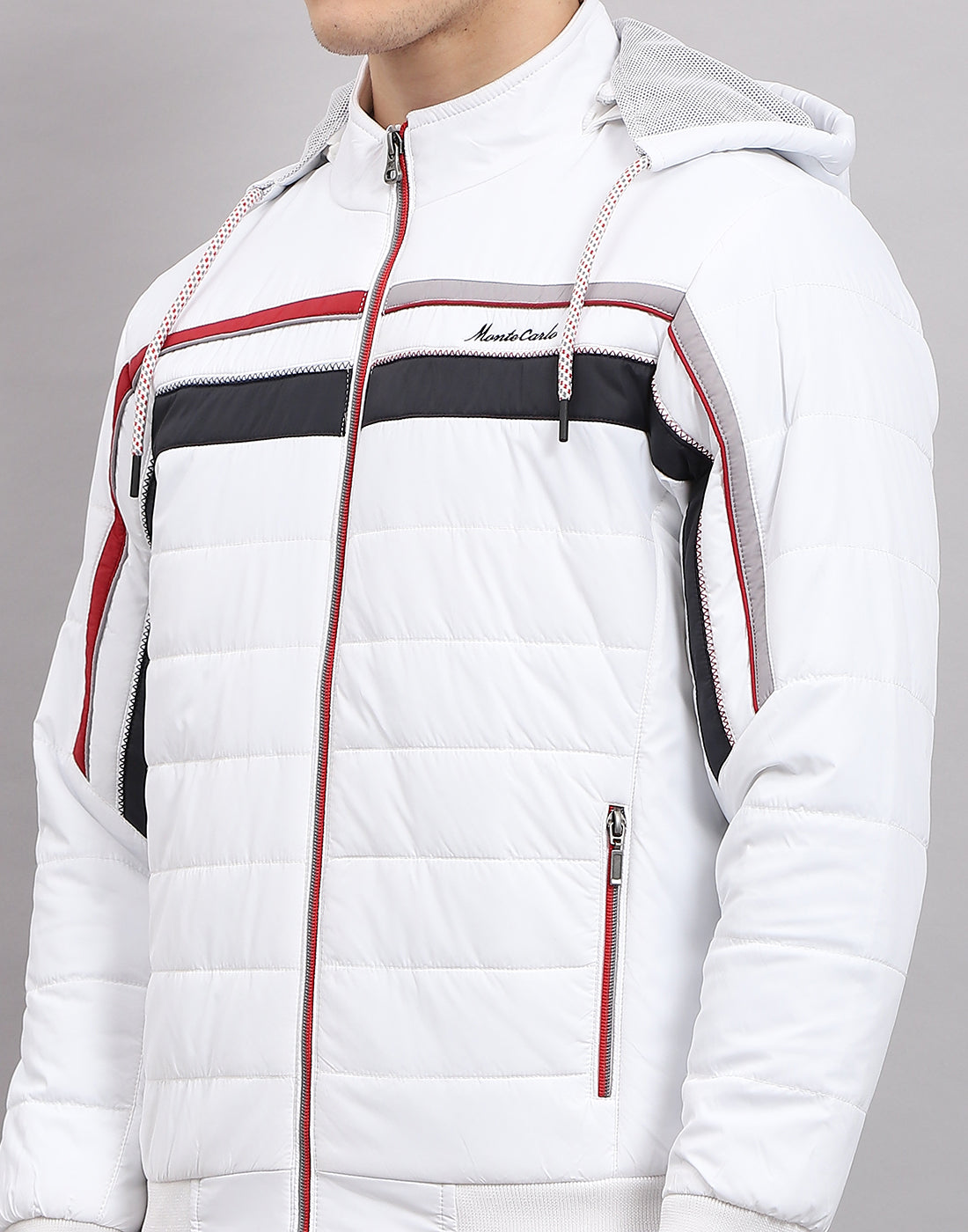 Men White Solid Hooded Full Sleeve Jacket