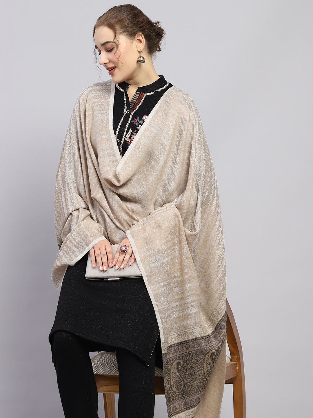 Women Beige Self Design Shawl