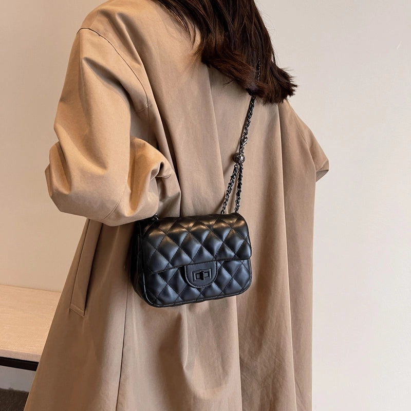 Women's Pu Leather Solid Color Classic Style Sewing Thread Square Lock Clasp Shoulder Bag Crossbody Bag
