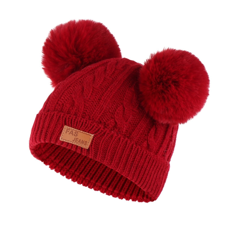 Autumn And Winter Children's Thickened Wool Hat Ear Double Hair Ball Warm Ear Protection Knitted Hat Set With Standard Solid Color Hat