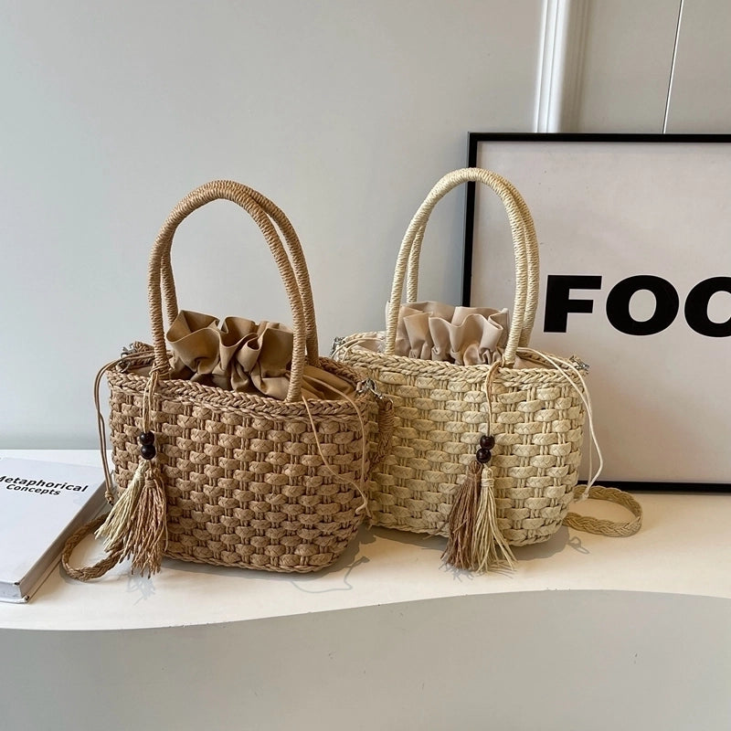 Women's Medium Straw Solid Color Beach Classic Style Bucket String Crossbody Bag