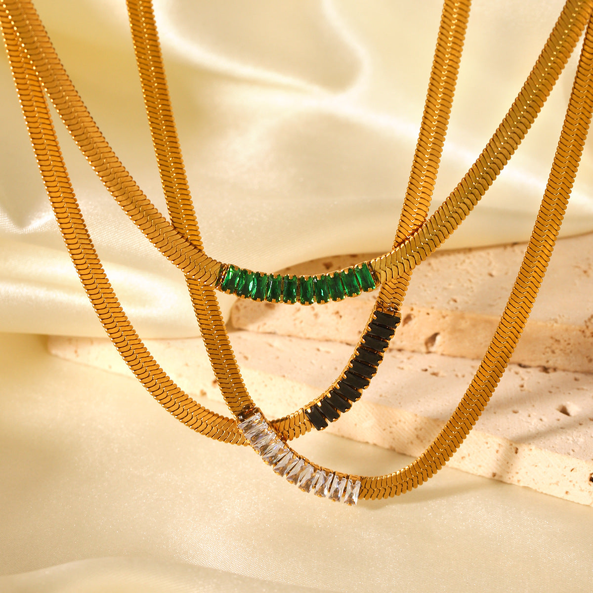18K Gold Stainless Steel Blade Chain Inlaid Zircon Necklace Flat Snake Chain Titanium Steel Clavicle Chain