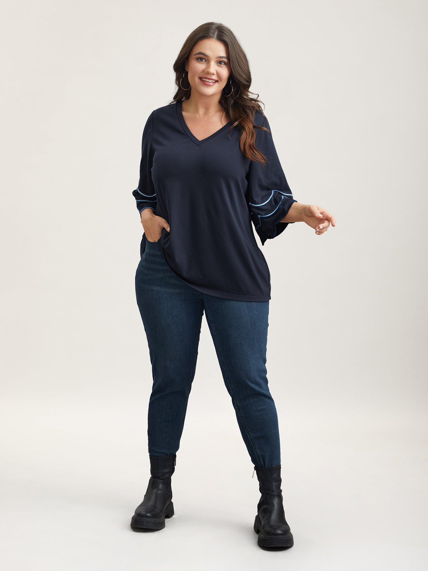 Embroidered Trumpet Sleeve V-Neck T-Shirt