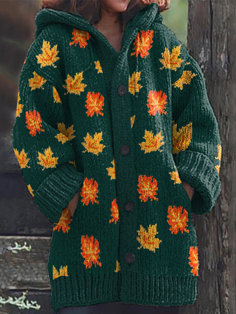 Vintage Fallen Leaf Hooded Sweater Cardigan