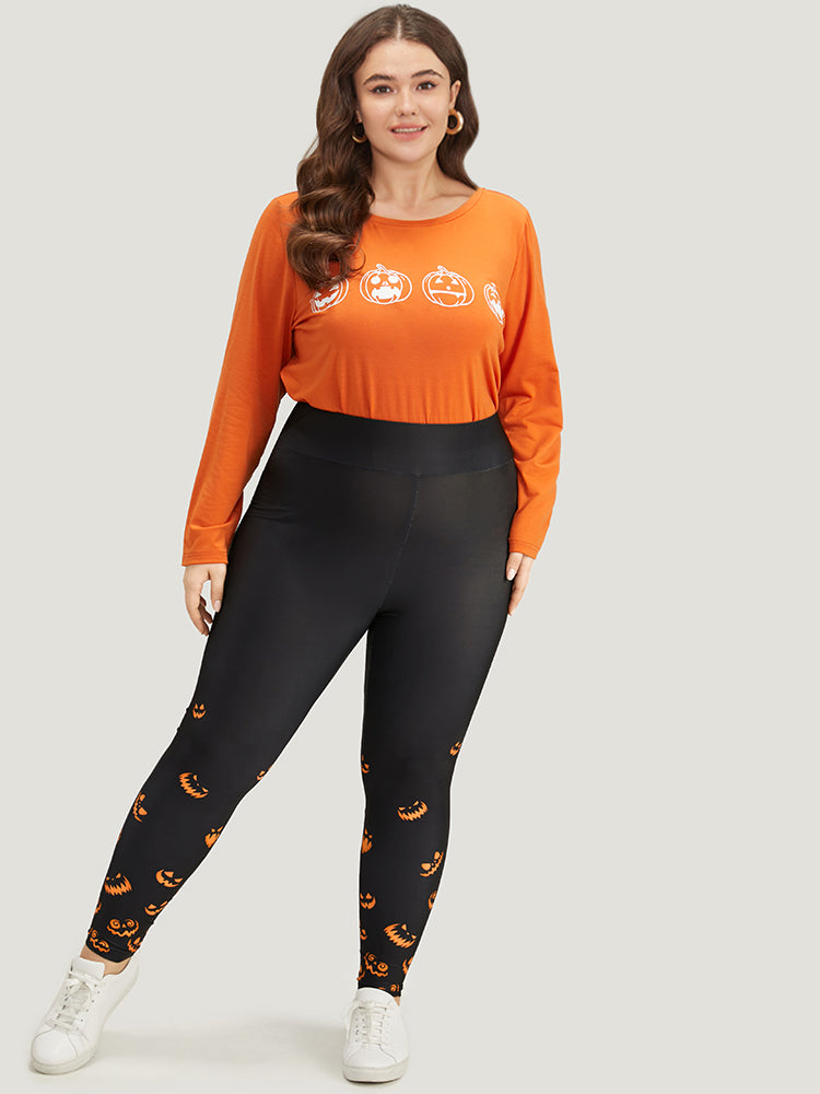 Halloween Pumpkin Print Wideband Waist Leggings