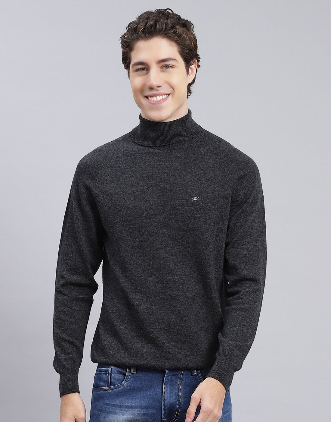 Men Grey Solid High Neck Full Sleeve Pullover