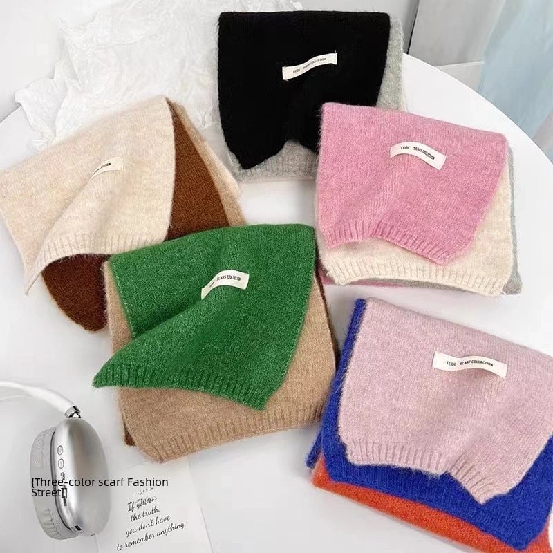 New Autumn And Winter Style Contrast Color Scarf Female Neck Protection Korean Cute Student Warm Knitted Scarf Male