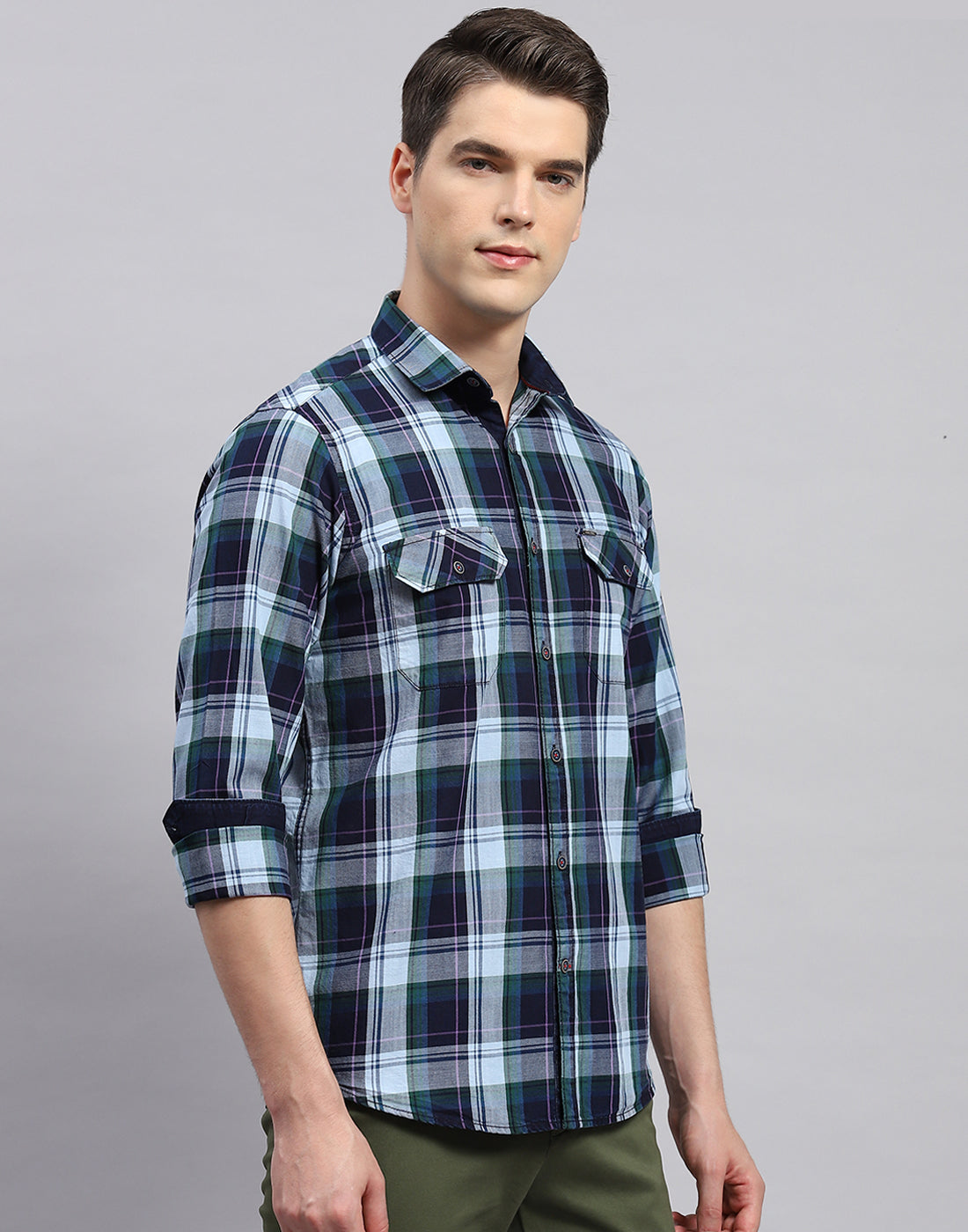 Men Blue Check Collar Neck Full Sleeve Shirt