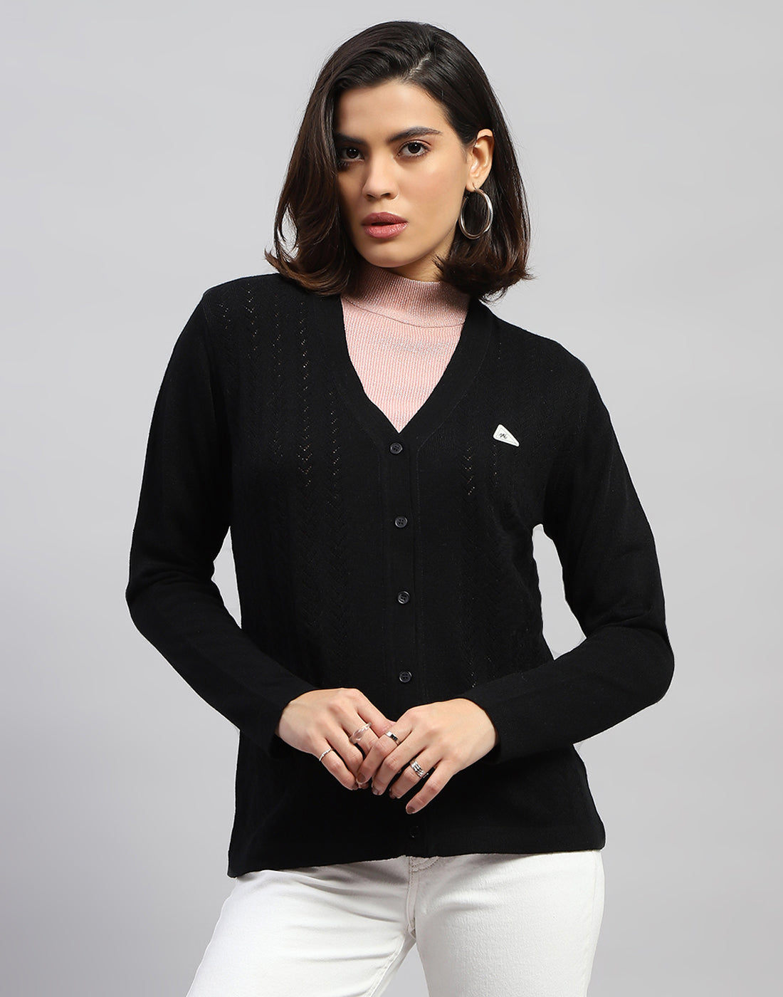 Women Black Self Design V Neck Full Sleeve Cardigan