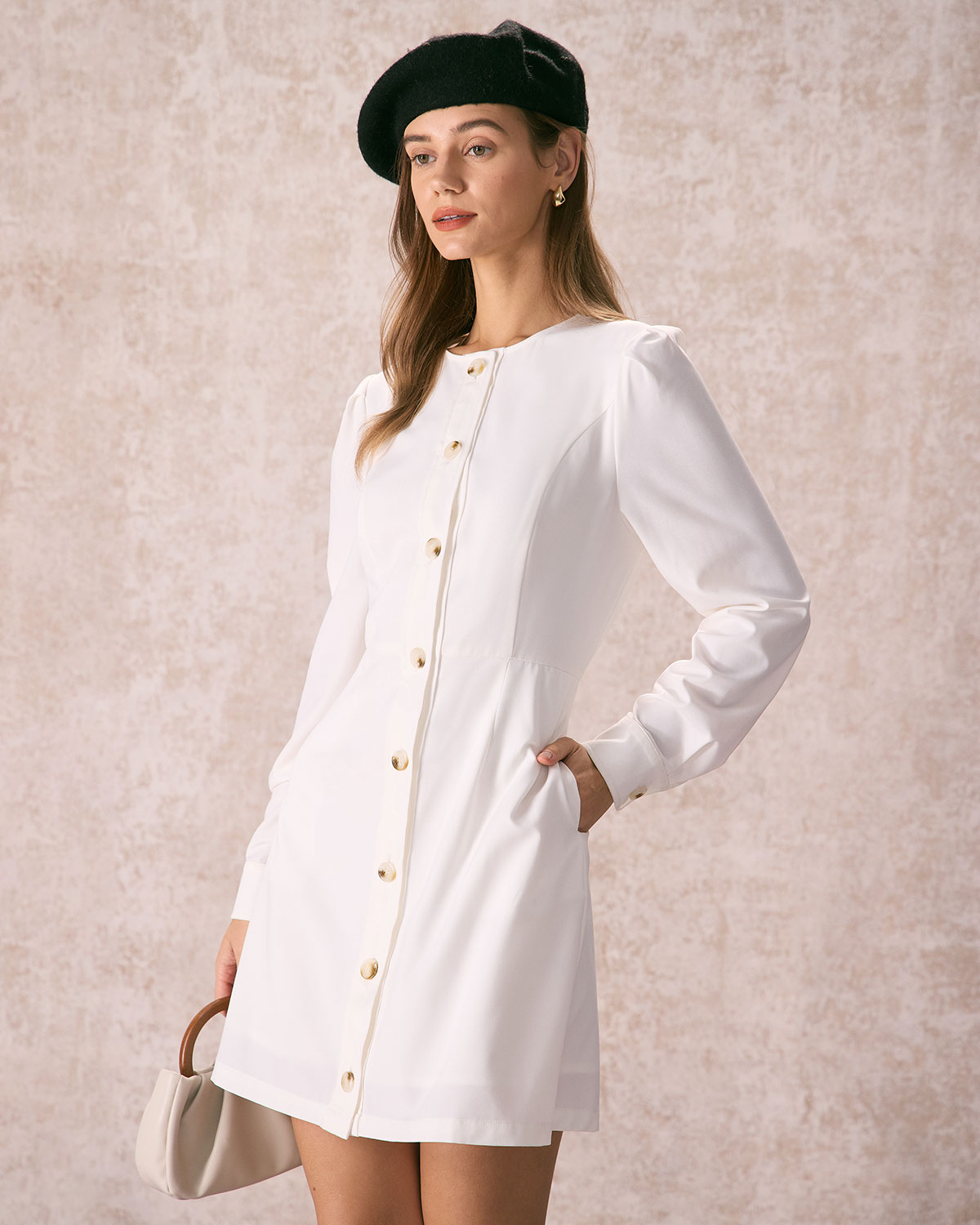 The White Round Neck Button Mini Dress