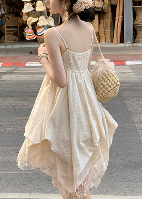 Elegant Beige V Neck Lace Cotton Mini Dresses Sleeveless
