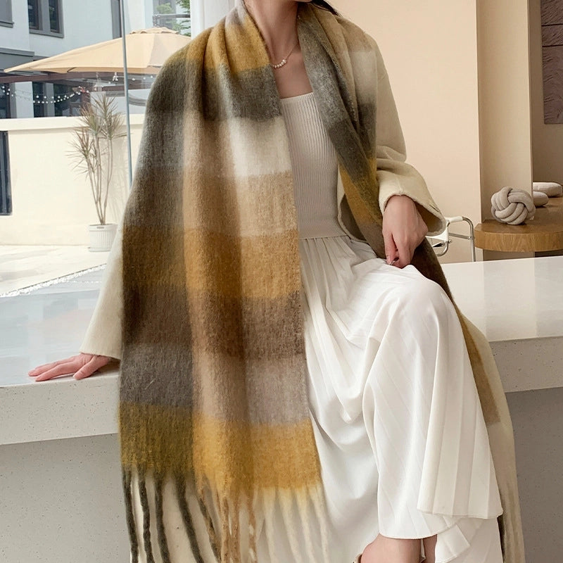 Rainbow Plaid Tassel Scarf For Women Autumn And Winter Famous Color Matching Cashmere Mohair Shawl Thickened Scarf