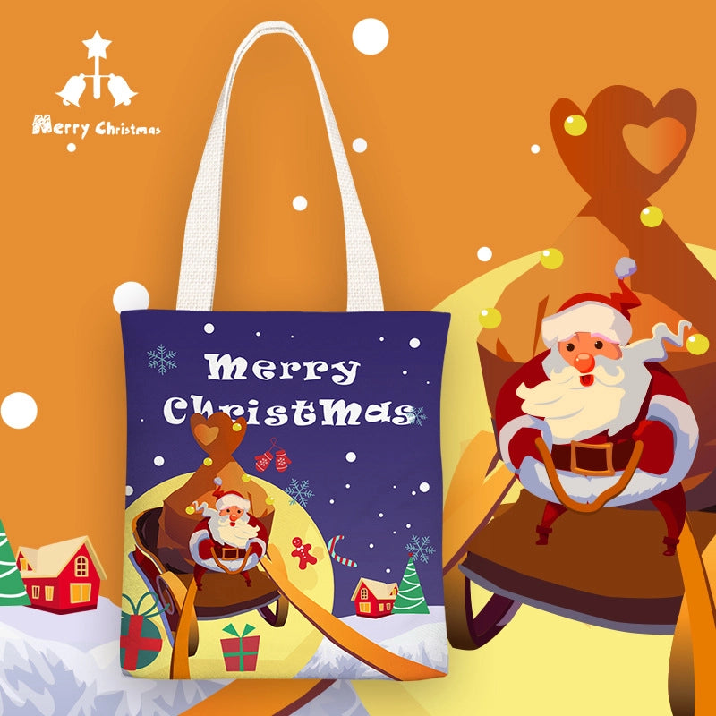 Christmas Women's Medium Canvas Santa Claus Cute Zipper Shoulder Bag Tote Bag