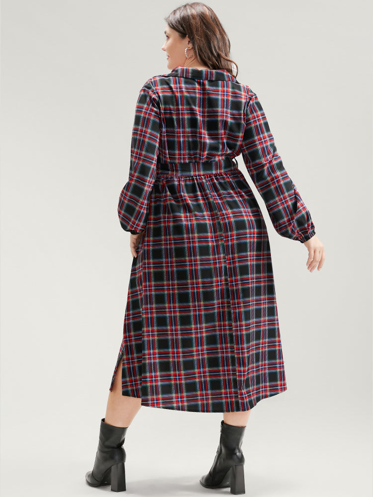 Tartan Lantern Sleeve Pocket Belted Midi Dress