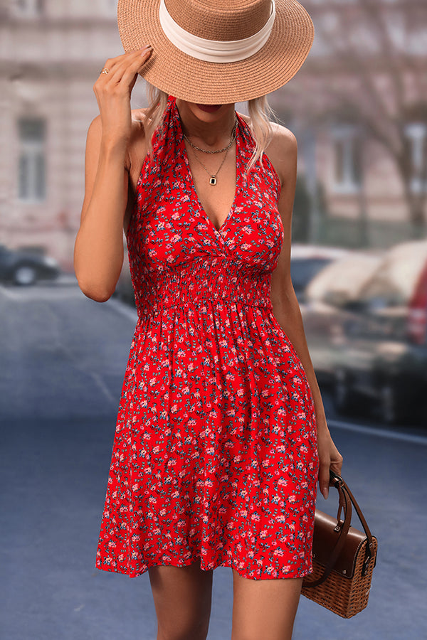 V Neck Floral Print Halter Neck Dress