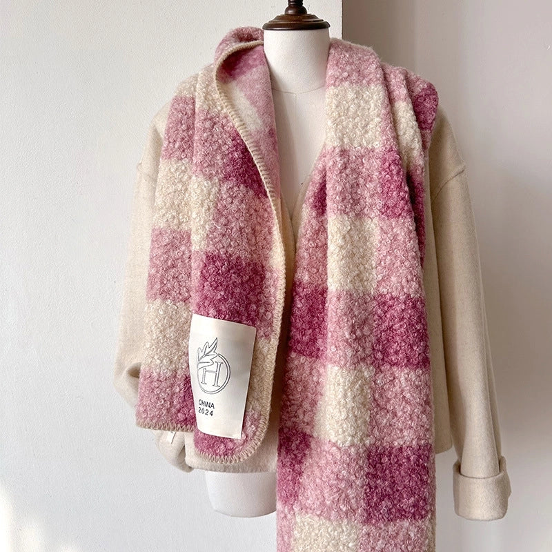 Atmosphere Color-Contrast Check Circle Hair Scarf Women's Winter Warm All-Matching Affordable Luxury Fashion Temperament Shawl