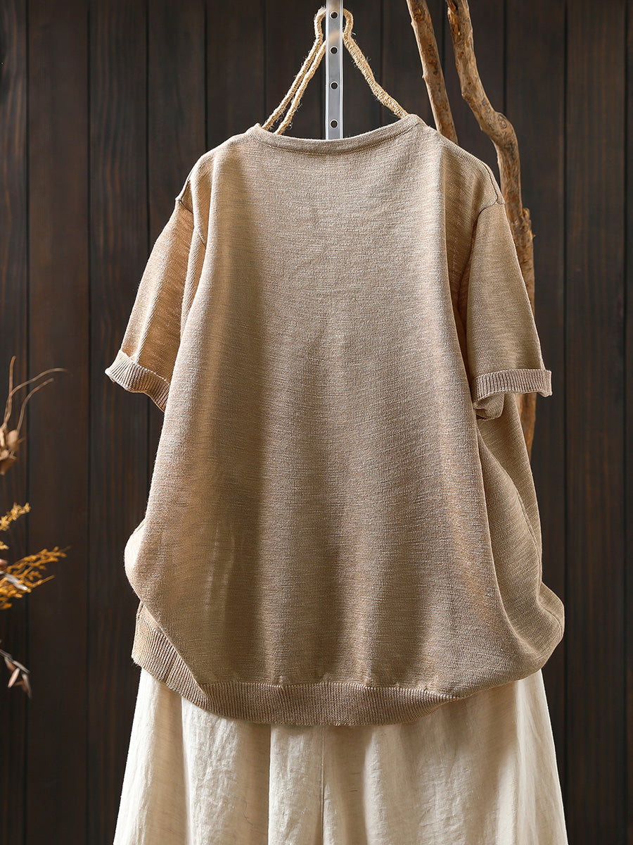 Women Summer Artsy Flower Knitted Linen Cotton Shirt