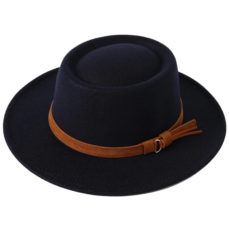 2 Pieces Concave Top Hat British Style Elegant Big Brim Hat Autumn And Winter Street Fashion Warm Felt Hat