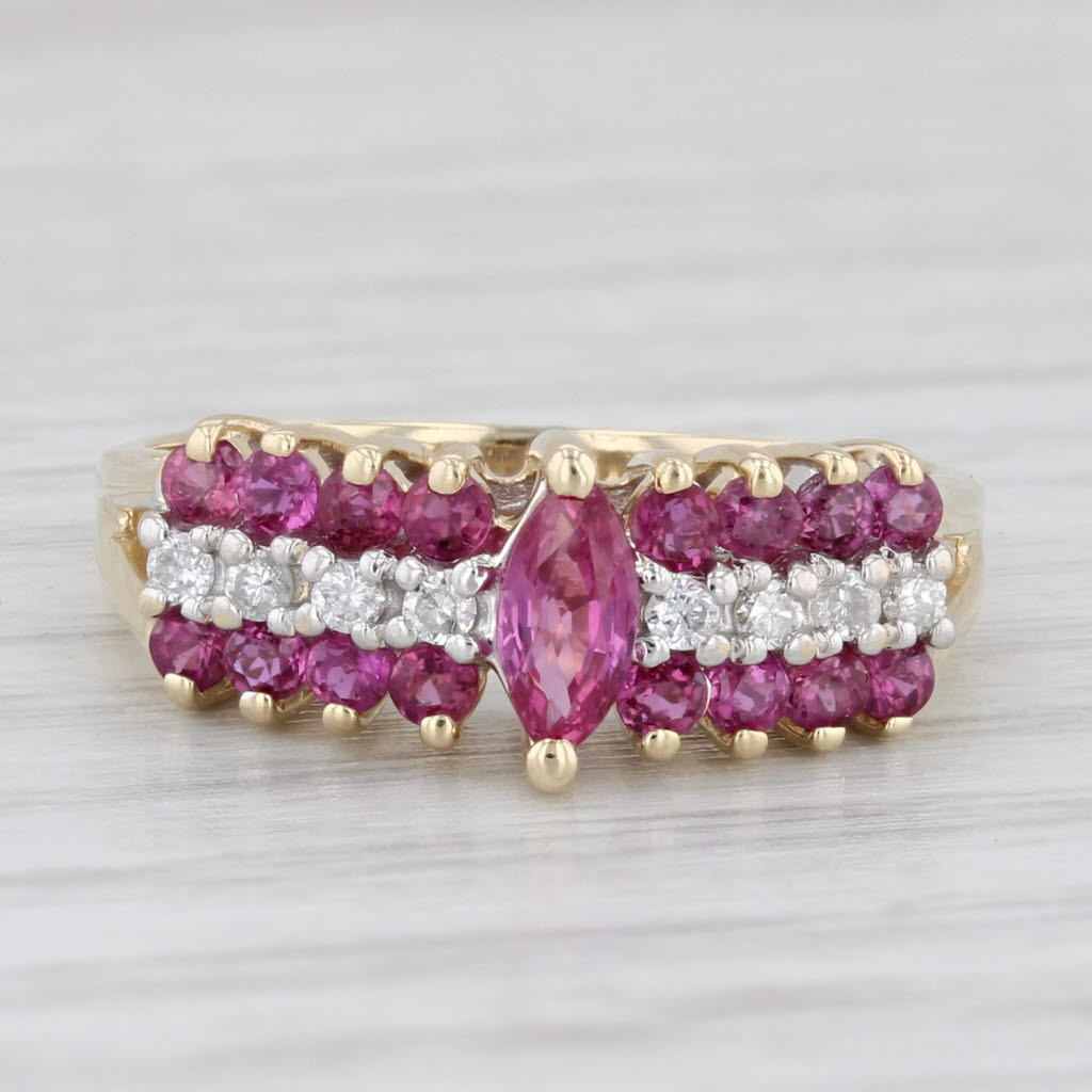 0.64ctw Marquise Ruby Diamond Ring 14k Yellow Gold Size 6.5 Tiered Band