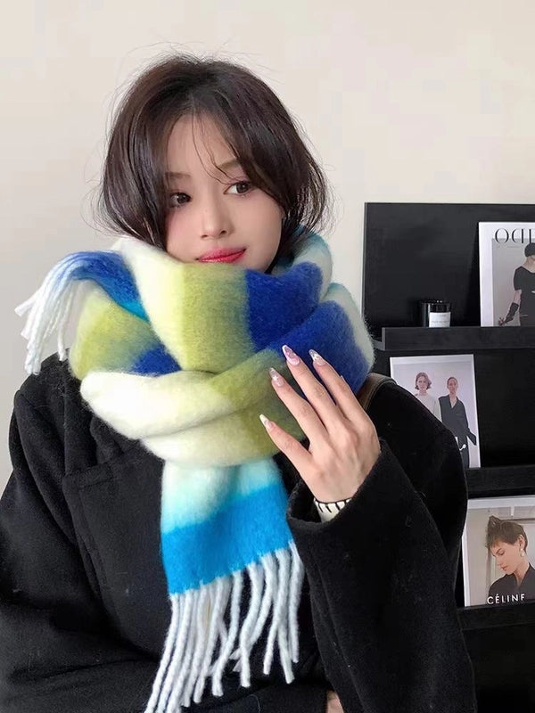 Gradient Horizontal Plaid Couple Scarf Mohair Scarf Winter Warm Thickened Lengthened Trendy White Scarf