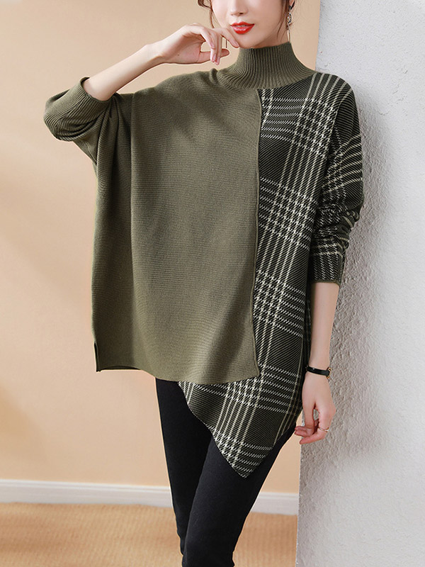 Casual Loose 3 Colors Split-Joint Plaid High-Neck Batwing Long Sleeves Sweater Top