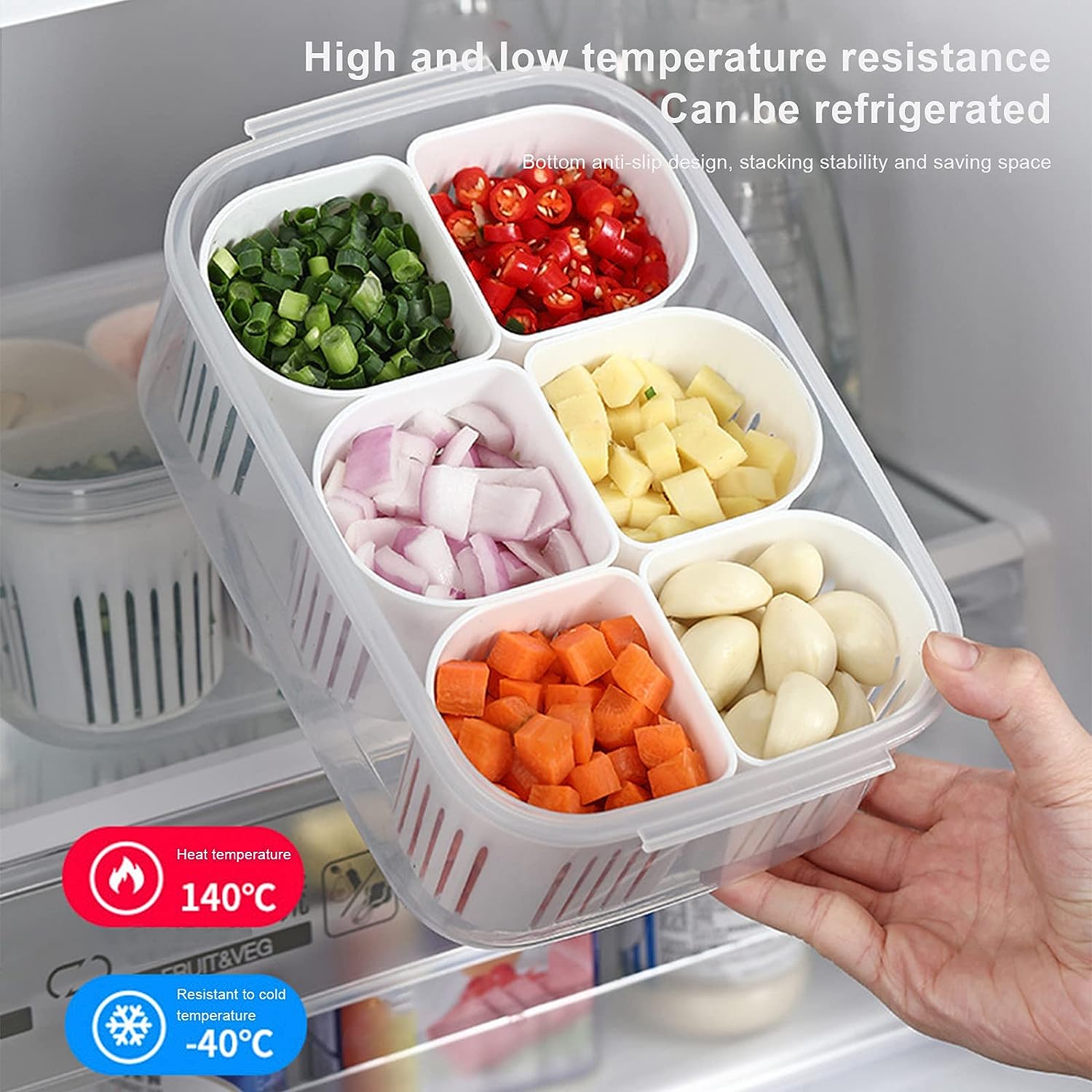 Fridge Food Storage Container With Lid. Airtight Refrigerator Food Box With 6 Pcs Detachable Drain Basket