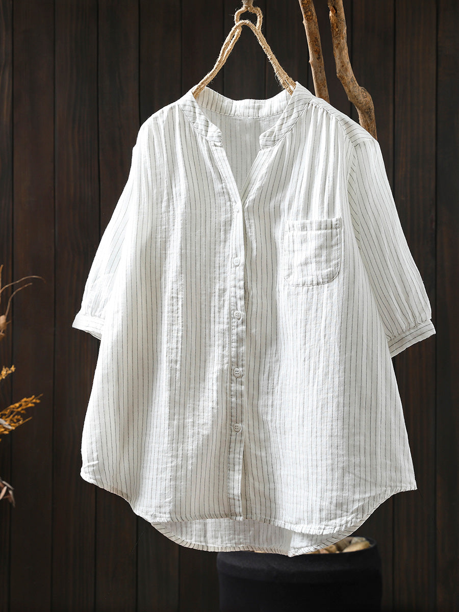 Women Summer Artsy Stripe Plaid 100%Cotton Shirt