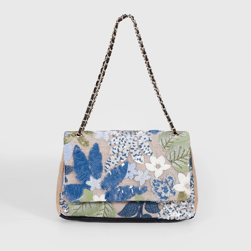 10 Pieces Women's Large Hemp Material Flower Elegant Sequins Square Flip Cover Crossbody Bag