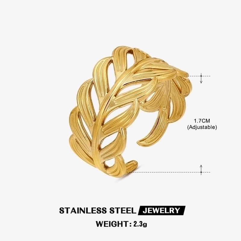 304 Stainless Steel 18K Gold Plated Minimalist Plating Leaf Open Ring