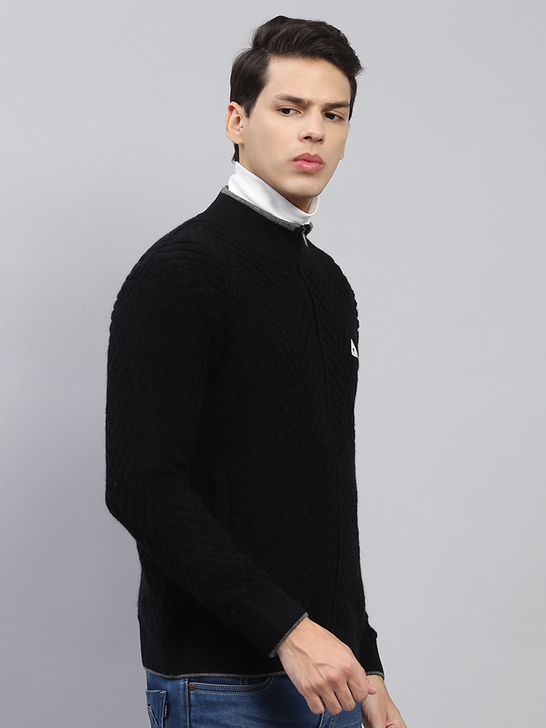 Men Black Self Design Mock Neck Full Sleeve Pullover