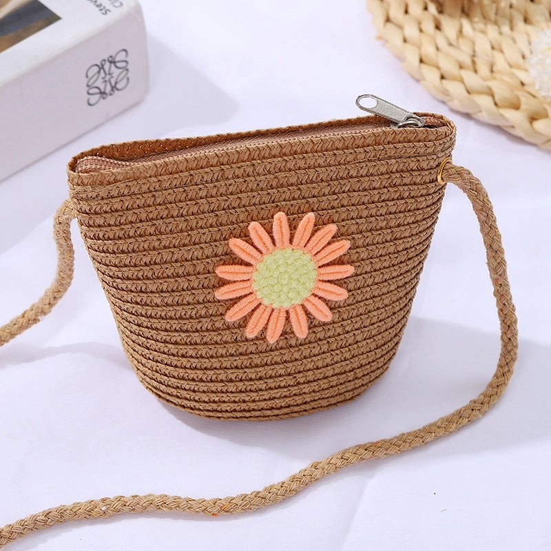 Women's Mini Straw Daisy Vintage Style Round Zipper Straw Bag