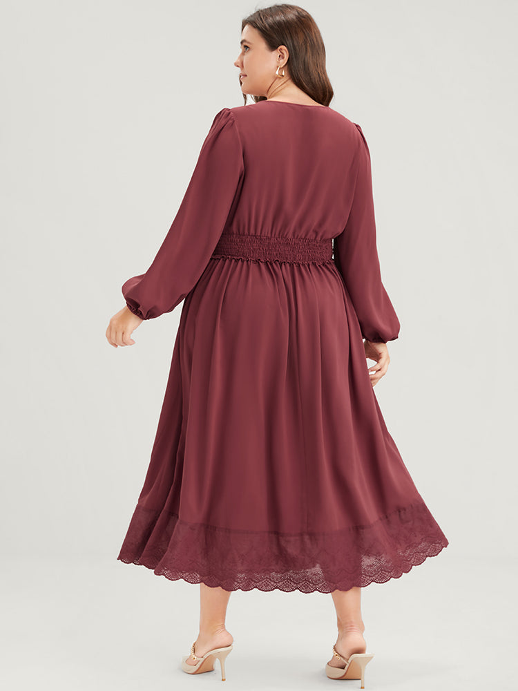 Solid Pocket Lantern Sleeve Patchwork Ruffled Shirred Dress