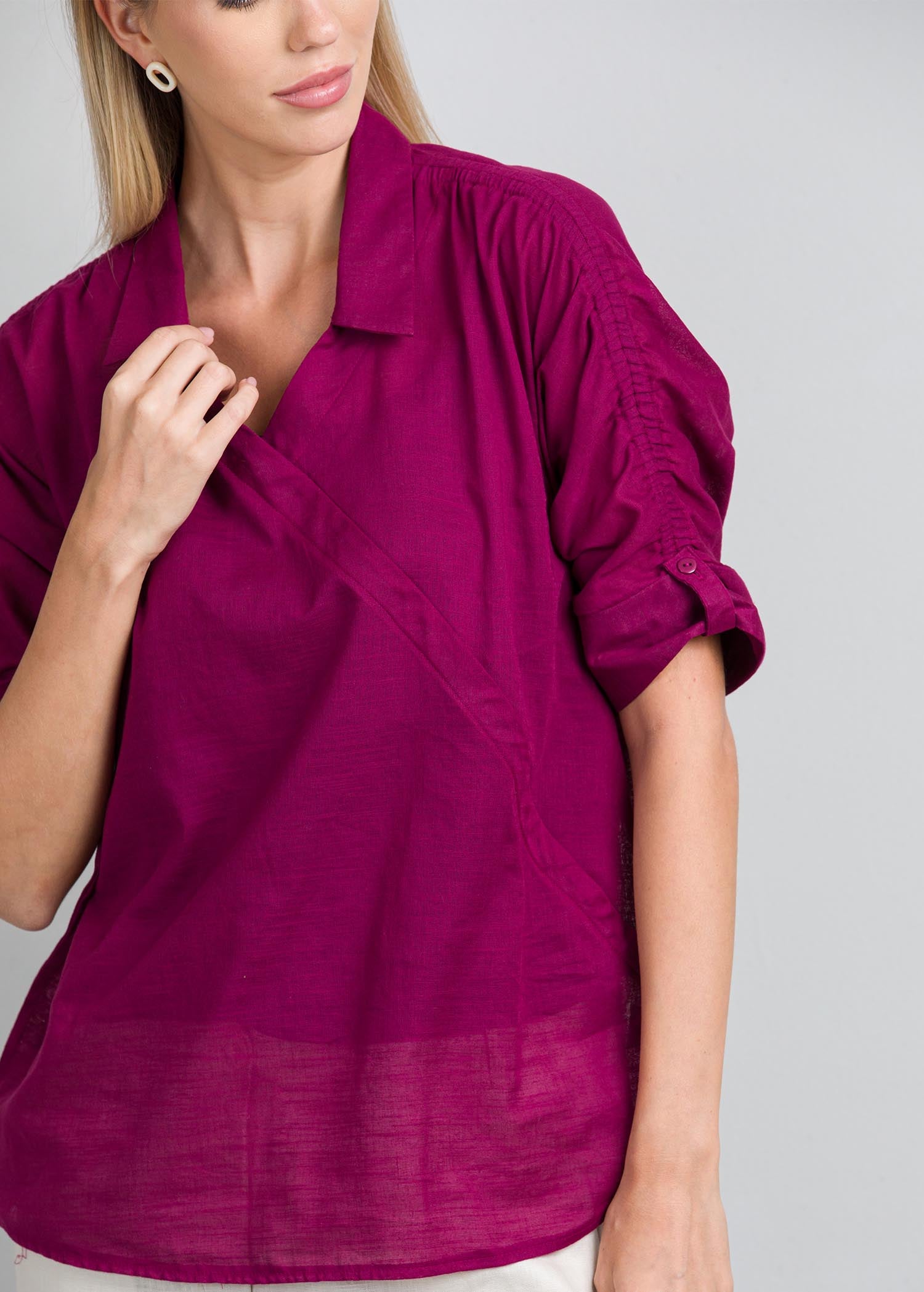 Crossover blouse with ruched sleeves