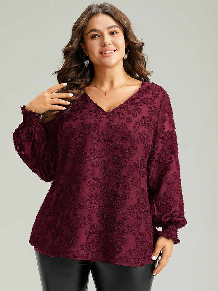 Plain Appliques Mesh V Neck Shirred Blouse