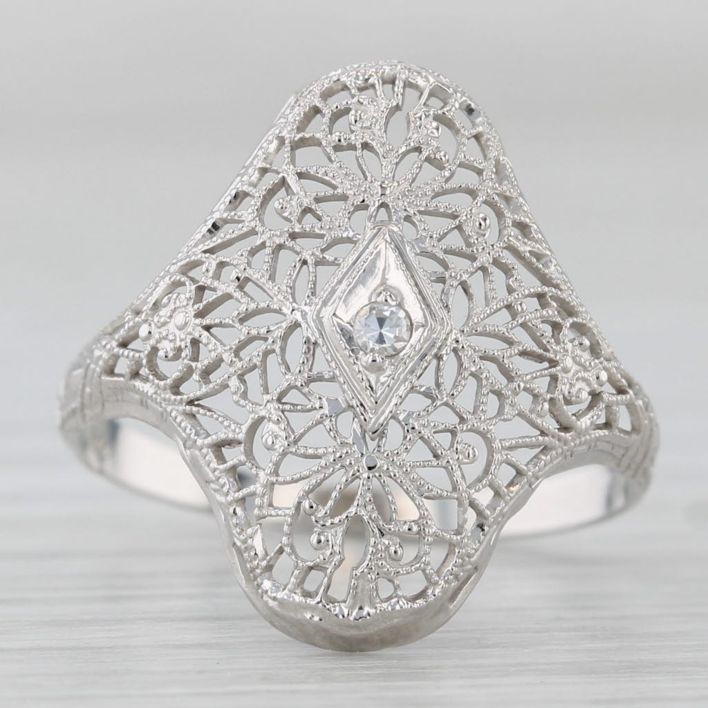 Vintage Diamond Filigree Ring 14k White Gold Size 6.5