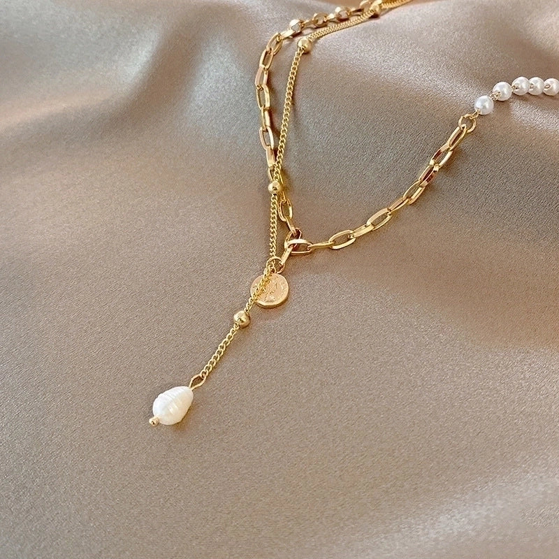 Elegant Minimalist Geometric Titanium Steel Plating Inlay Artificial Pearls Shell Zircon Necklace