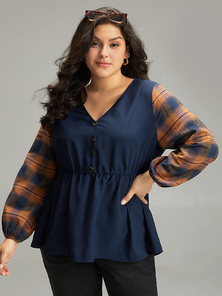 Halloween Plaid Patchwork Button Detail Elastic Waist Blouse