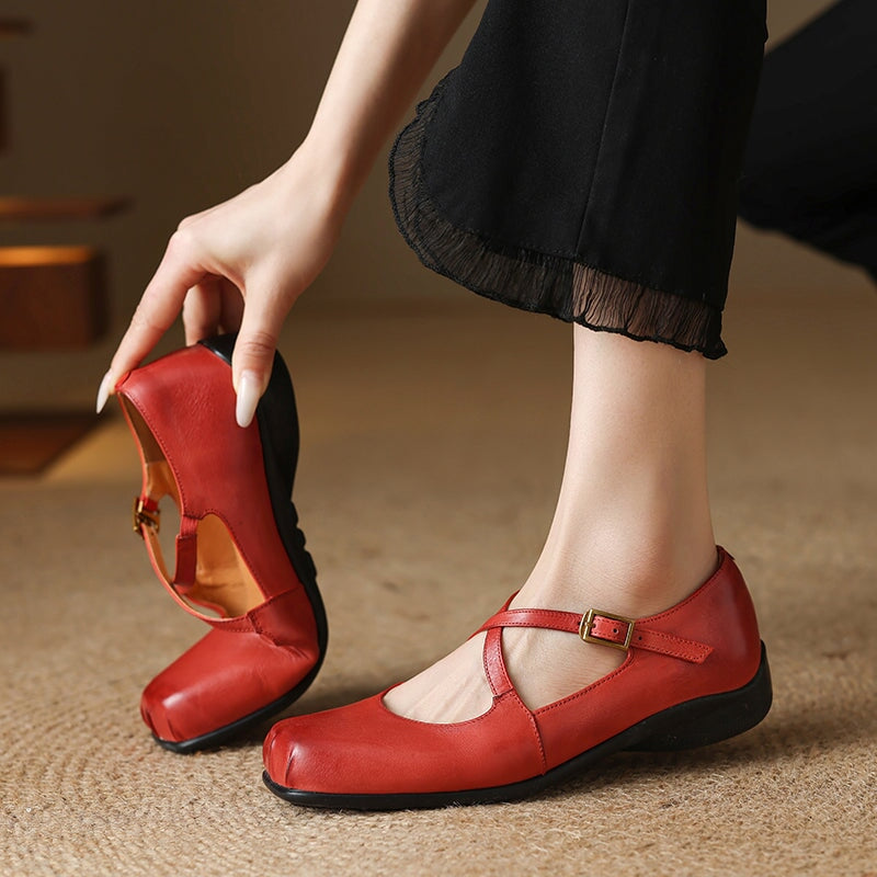 Square Toe Leather Mary Jane Ballet Flats with Cross Straps in Black/Red/Pink