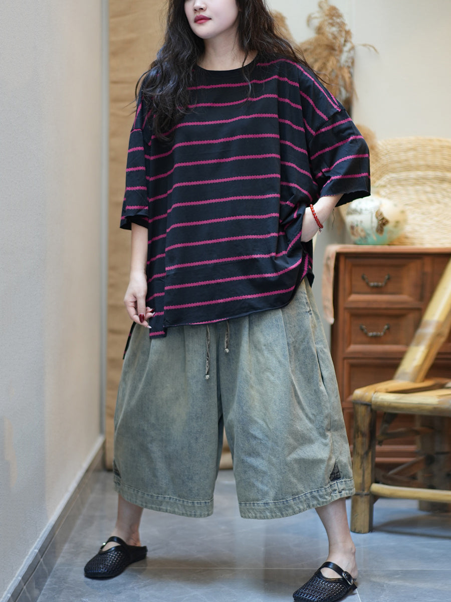 Women Summer Casual Stripe Cotton O-Neck Shirt