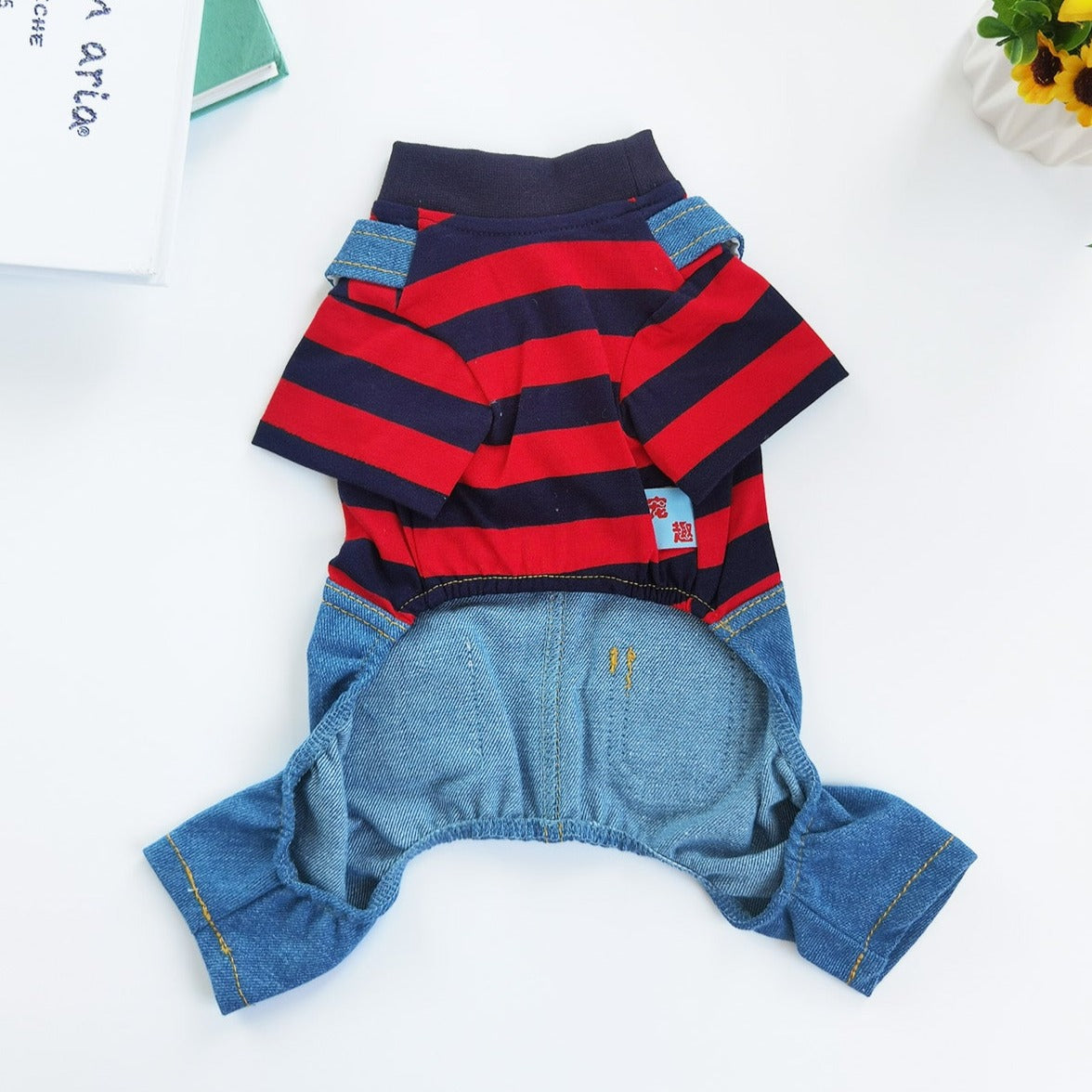 Contrast Color Striped Denim Dog Jumpsuits