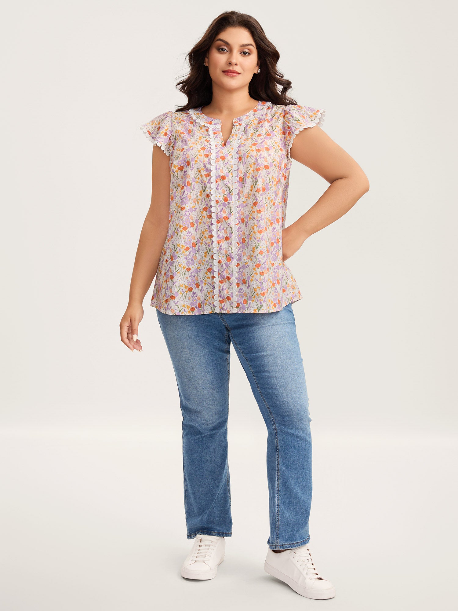 Cotton Floral Print Lace Trim Notched Blouse