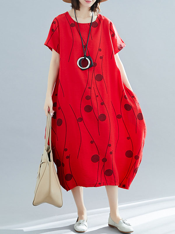 Loose Short Sleeves Printed Round-Neck Midi Dresses