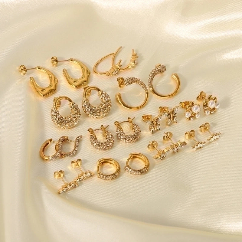 1 Pair Classic Style U Shape Crown Butterfly Plating Inlay Stainless Steel Artificial Pearls Rhinestones Zircon 18K Gold Plated Earrings