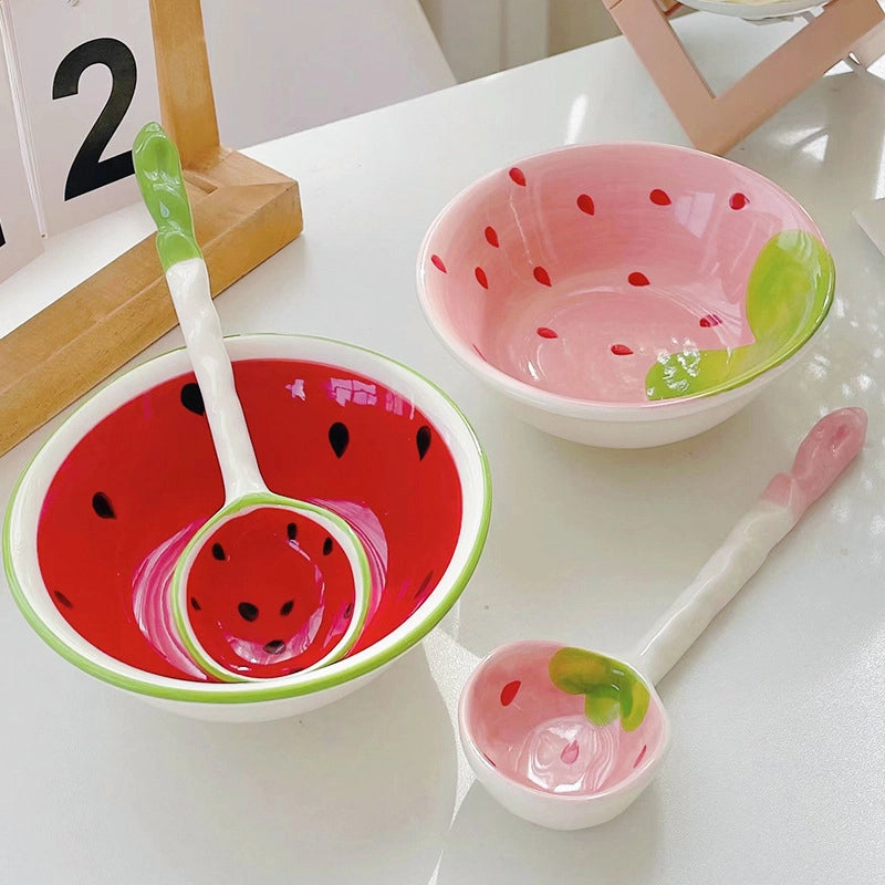 Strawberry Watermelon Cute Ceramic Bowl Long Handle Spoon Tableware Children's Cartoon Rice Bowl Soup Bowl Internet Celebrity Tableware