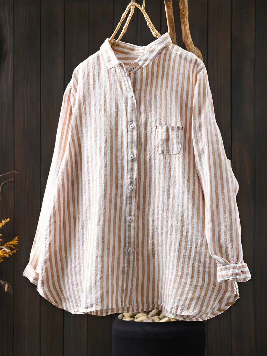 Women Summer Stripe Turn-down Collar 100%Linen Shirt